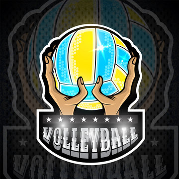 Two hand hold beach volleyball ball. Vector sport logo for any team and championship