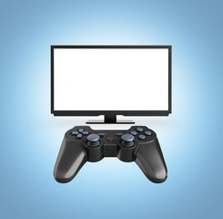 Game concept on the console Illustration of joystick on TV with empty screen background 3d render on blue gradient background