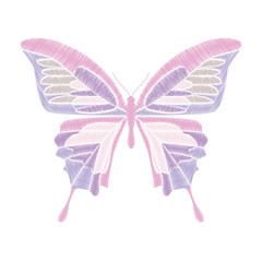 Embroidery butterfly on white background. Vector element for patches, badges and stickers.