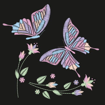 Set collection of butterflies and flowers isolated on dark background. Vector illustration. . Embroidery elements for patches, badges and stickers