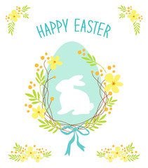 Cute rustic hand drawn Easter card with wreath of spring flowers, egg, bunny and hand written text Happy Easter