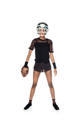 attractive female american football player with ball isolated on white