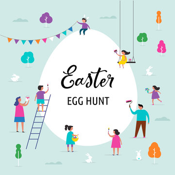 Happy Easter banner with families and kids