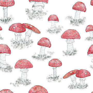 Seamless pattern with hand drawn watercolor fly-agarics on the white background