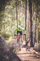 Fototapeta na wymiar Wide angle view of a mountain biker speeding downhill on a mountain bike track in the woods