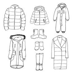 Set of hand drawn winter clothes and footwear: jacket, coat, overall, parka in monochrome. © Aves
