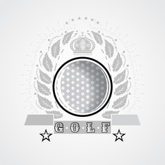 Golf ball in center of silver wreath and crown. Sport logo for any team or championship