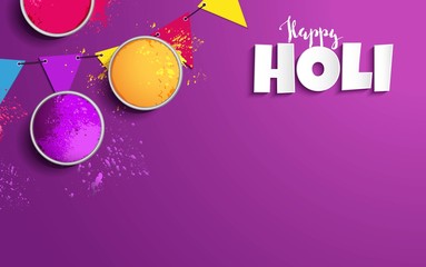 Holi background flat lay. Colorful holi powder and decorative flags on purple background. Vector illustration