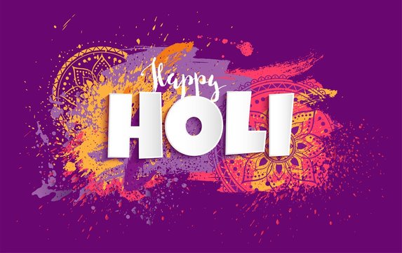 Happy Holi design with colorful paint splatters. Vector illustration