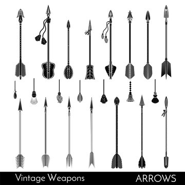 Big set of different vintage arrows with elements isolaten on white