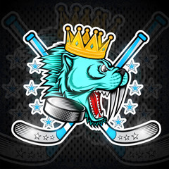 Gold crown on side view saber-toothed tiger head with crossed hockey sticks and hockey puck in his mouth. Logo for any sport team cougar