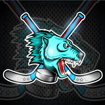 Beast bear face from the side view with hockey puck and crossed stick. Logo for any sport team polarbear