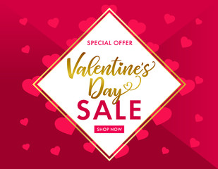 Fototapeta na wymiar Sale Valentines Day gold lettering and pink hearts banner. Valentines Day sale banner template with typography text special offer valentine`s day and hearts on pink background. Vector illustration