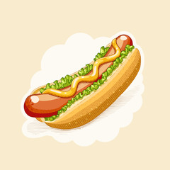 Hot dog. Fast food in engraving style. Vector illustration.