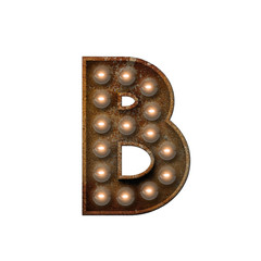 Rusted metal letter B light bulb font. 3D Rendering