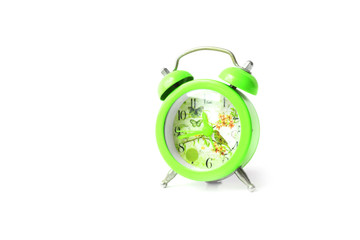 Green Alarm clock isolated on white background,
