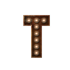 Rusted metal letter T light bulb font. 3D Rendering