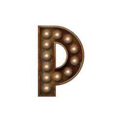 Rusted metal letter P light bulb font. 3D Rendering