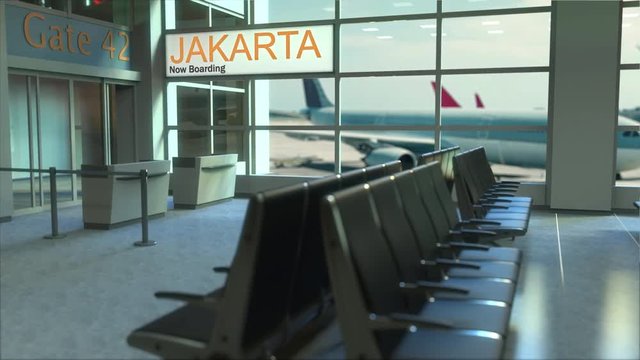 Jakarta flight boarding now in the airport terminal. Travelling to Indonesia conceptual intro animation, 3D rendering