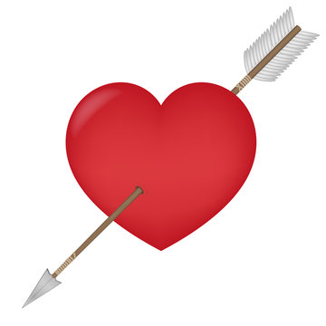 vector illustration symbolic red heart is permeated with a sharp arrow from a bow. isolated on a white background. image for Valentine's day