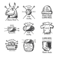 Set of labels from lama wool with yarn. Logo for knitted craft related site or business © Bohdan Petrushko