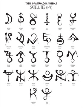 TABLE OF ASTROLOGY SYMBOLS: HAND DRAWN SATELLITES I-V HIEROGLYPH.