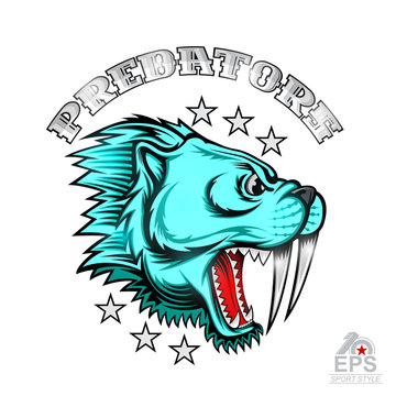 Beast saber-toothed tiger face from the side view with bared teeth. Logo for any sport team predator isolated on white