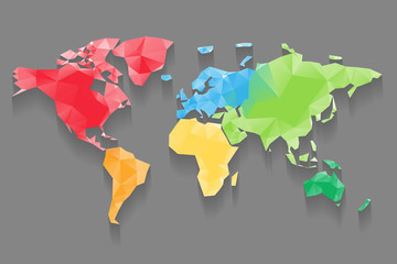 Low poly map of World divided into six continents by color. Polygonal vector design with dropped shadow.