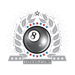 Black billiard ball in center of oak silver wreath. Sport logo for any billiard game or championship