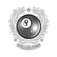 Black billiard ball in center of silver olive wreath. Sport logo for any billiard game or championship