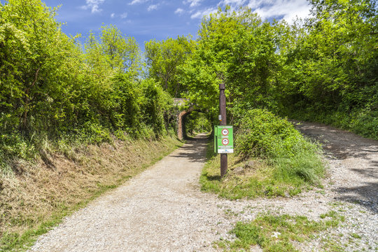 Landscape in Garrotxa region,touristic route,Ruta del carrilet in Olot,Catalonia,Spain.