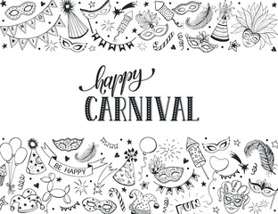 Horisontal carnival vector composition isolated on white background. Hand drawn carnival objects in line art style. Doodle masquerade masks, feathers, firecrackers. Mardi grass traditional symbols.