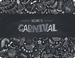 Horisontal carnival vector composition on chalkboard. Hand drawn carnival objects. Masqeurade design elements collection in line art style. Doodle masquerade masks, feathers, firecrackers. © ollymolly