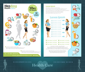 Obraz premium Two sided brochure or flayer template design with girl loss weight and health care. Mock-up cover vector modern flat style