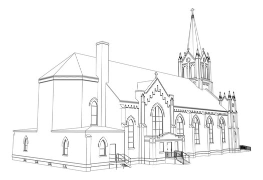 outlined church building, black and white clip art preview