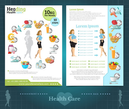 Two sided brochure or flayer template design with girl loss weight and health care. Mock-up cover vector modern flat style