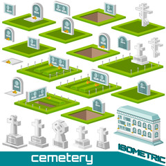 Set of isometric grave and crosses different style for cemetery vector illustration
