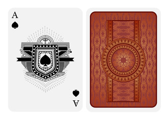 Ace of spades in line style shield face and back with pink gold texture suit. Vector card template