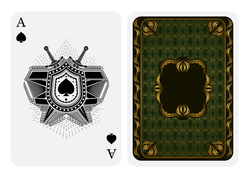 Ace of spades face with spades inside shield with swords and back side with green and gold pattern suit. Vector card template