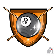 Billiard ball with crossed billiard cue in center of shield on white. Sport logo for any team or championship
