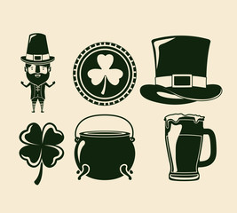 saint patricks day elements set in green color silhouette vector illustration