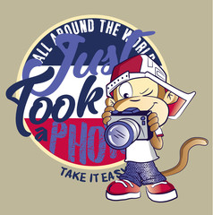 Little MonkeyTourist,photographer.Vector artwork for kids wear and greentings