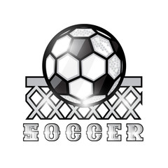 Ball in center of football goal net and text soccer. Sport logo for any football team on white