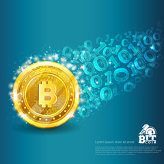 Golden bitcoin with trail from binary code on blue. Abstract vector glossy business background