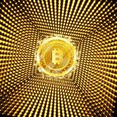 Golden bit coin in the center of yellow tunnel from shiny dots