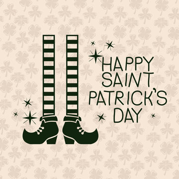 poster happy saint patricks day with legs of leprechaun with striped socks in green color silhouette with background pattern of clovers vector illustration