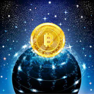 Golden bit coin with Earth in space in starry sky blue background
