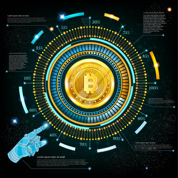 Business background with golden bit coin in center of round hightech futuristic info graphic