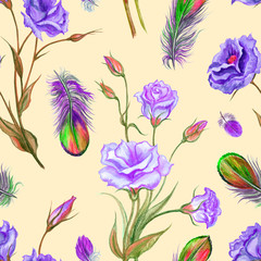 Seamless watercolor pattern of lisianthus and feathers. Flowers eustoma and multi-colored bird feathers on a yellow background, print for fabric.