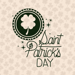 poster saint patricks day with clover emblem in green color silhouette with background pattern of clovers vector illustration